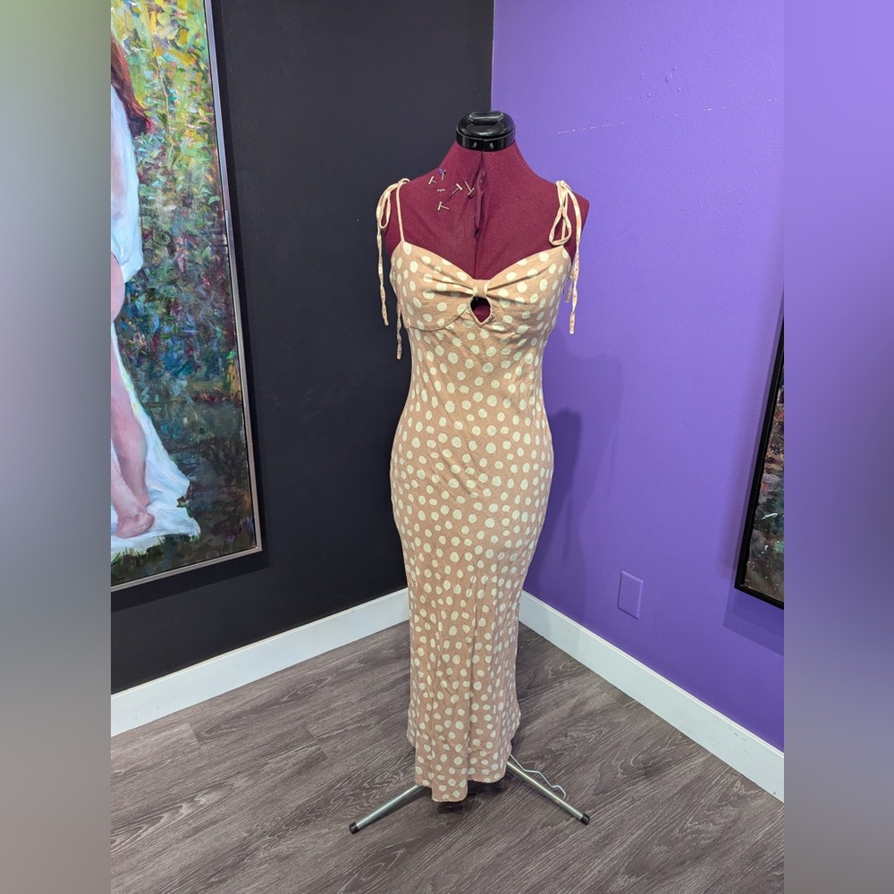 Polka Dot Linen Tie-Shoulder Midi Dress in Beige